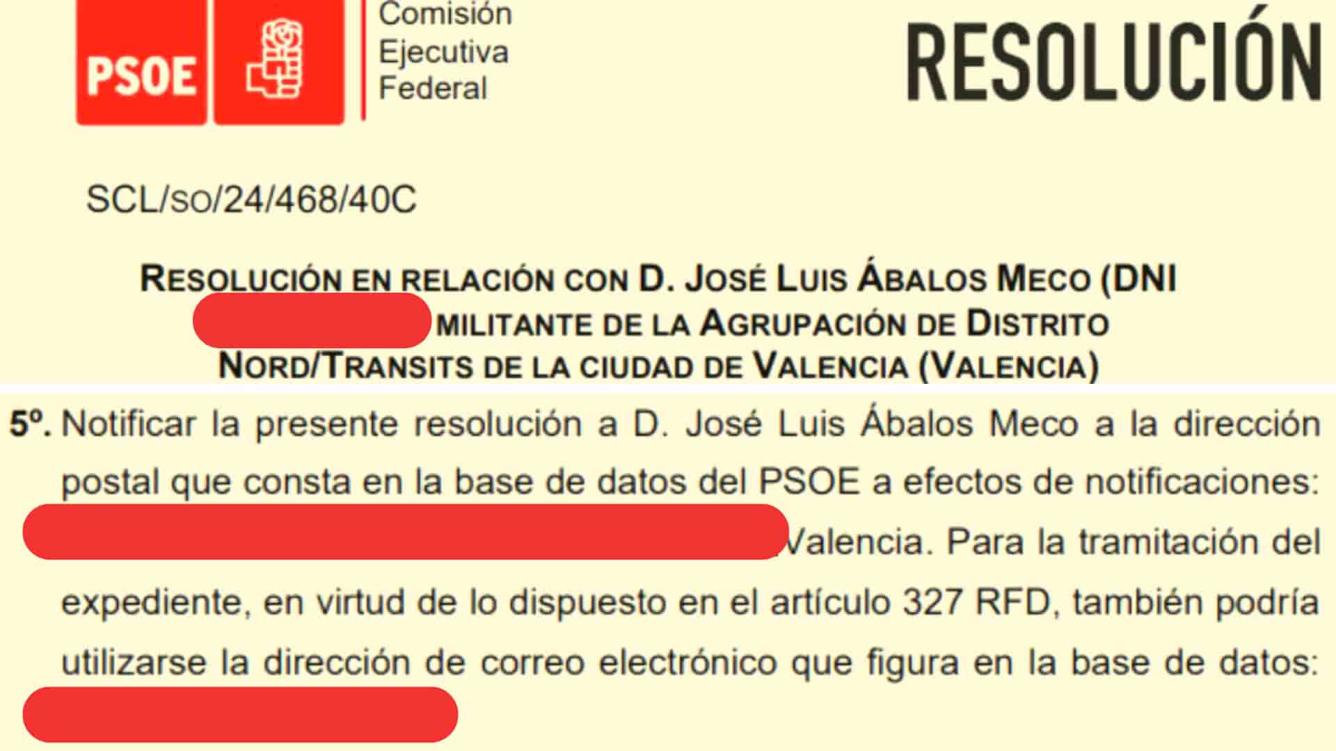 Comunicado del PSOE con los datos personales de Ábalos