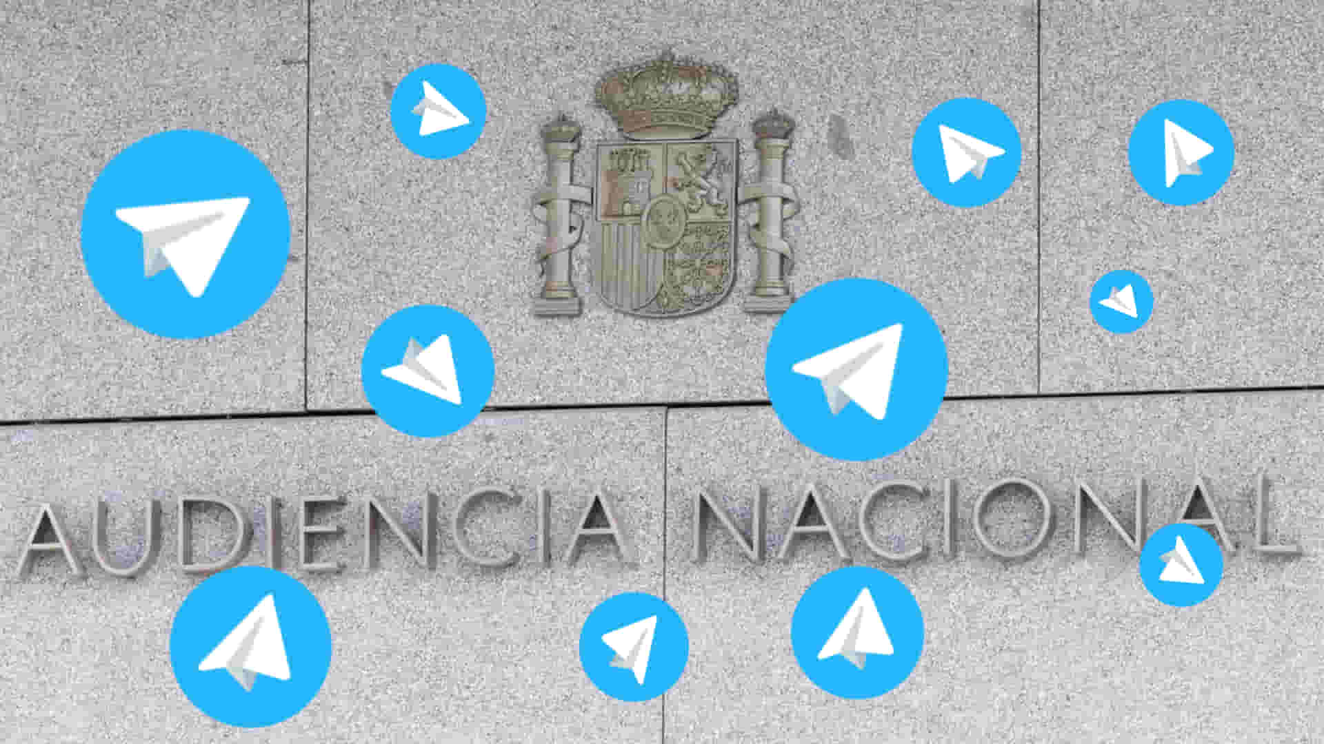 Entrada de la Audiencia Nacional con logos de Telegram