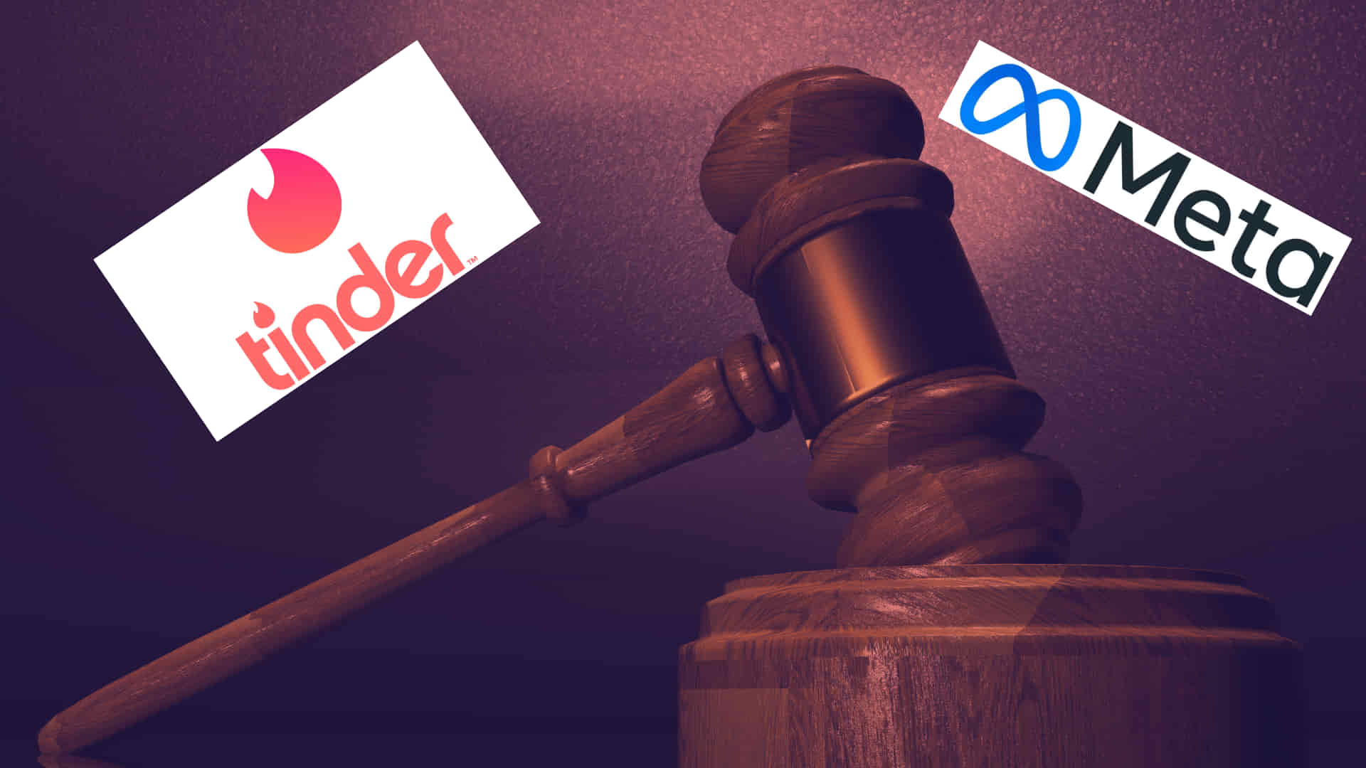 montaje de martillo de juez con logos de Tinder y Meta
