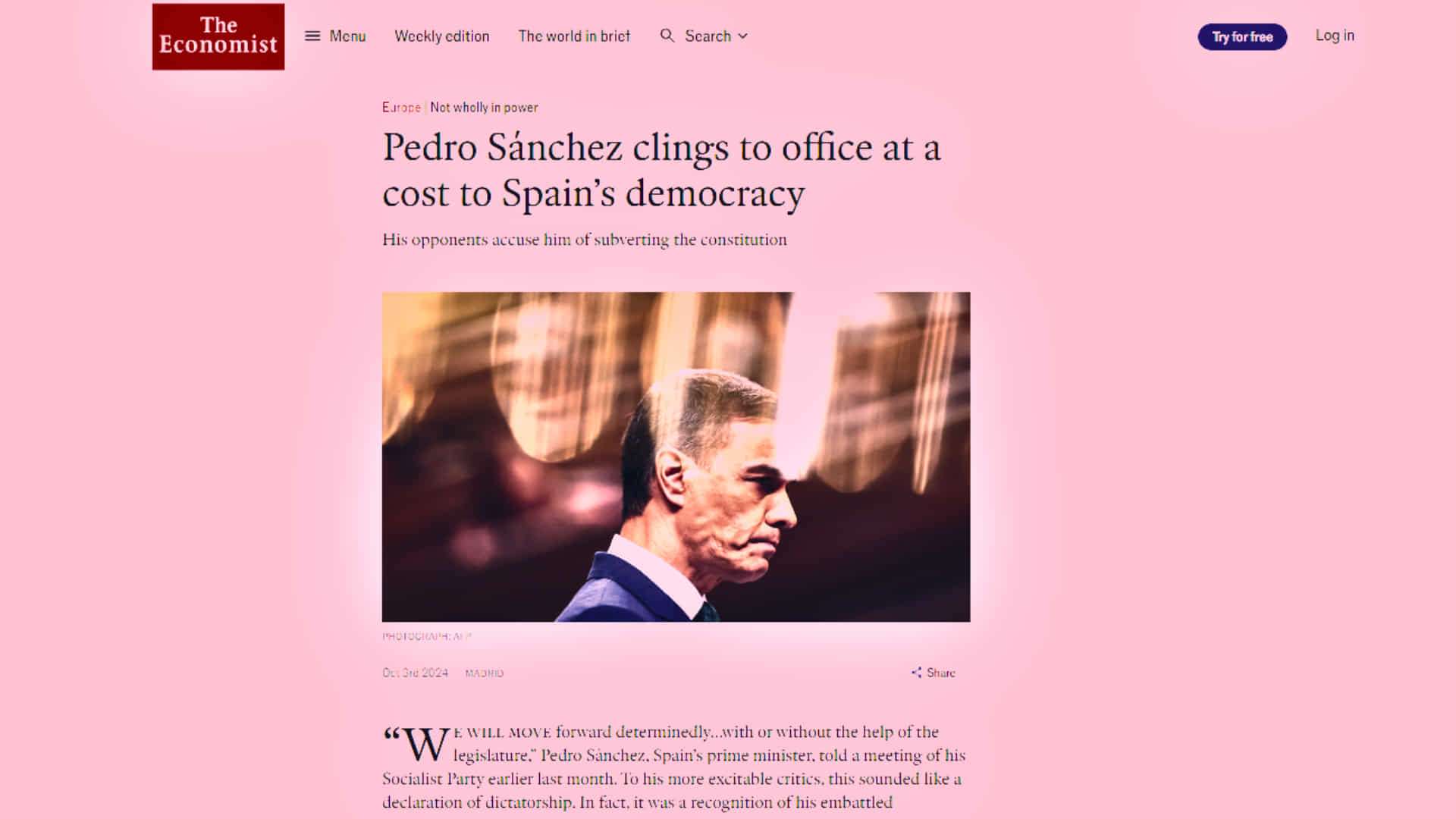 Artículo de 'The Economist' sobre Sánchez