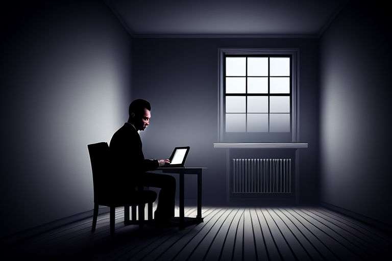 Imagen de IA con un hombre solitario ante un portátil en una habitación vacía Imagen de IA con un hombre solitario ante un portátil en una habitación vacía