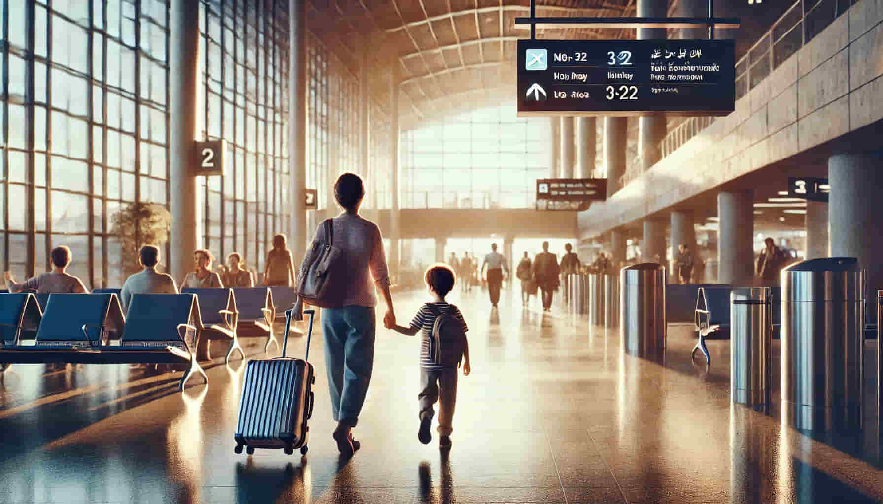 Imagen de IA de una madre y su hijo en un aeropuerto Imagen de IA de una madre y su hijo en un aeropuerto