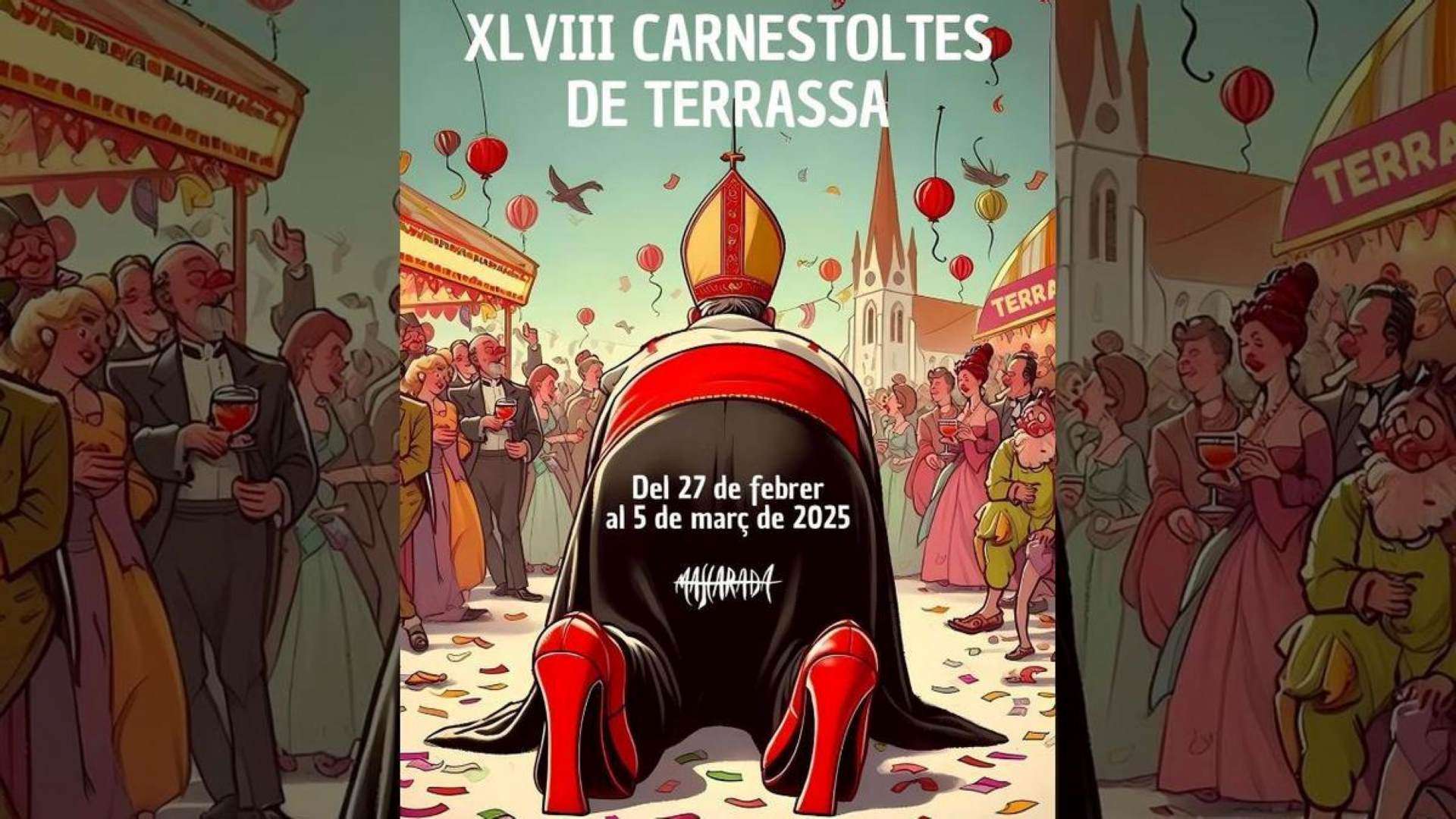 Abogados Cristianos pide la retirada del cartel de Carnaval de Tarrasa con un obispo a cuatro patas y tacones