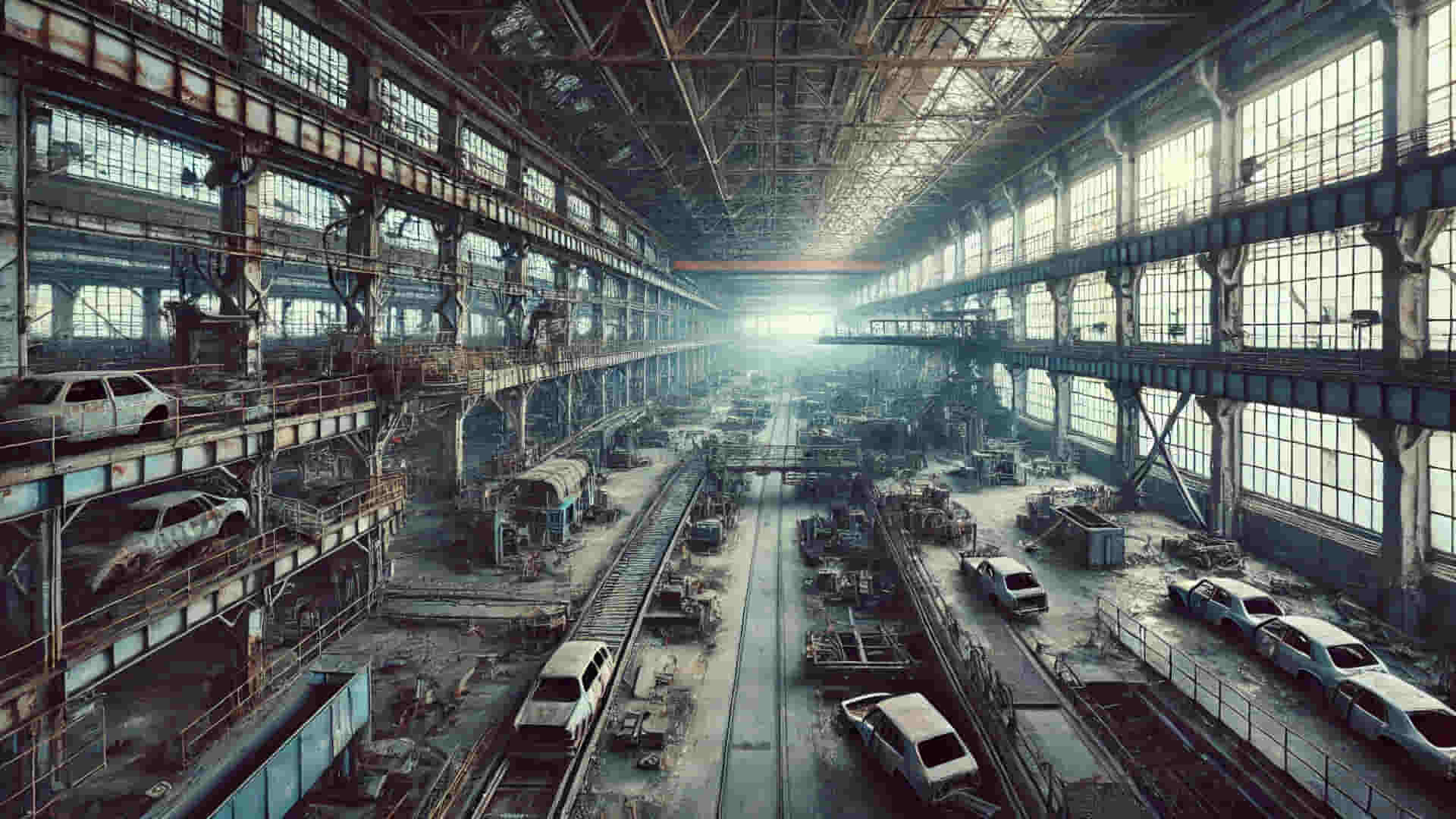 imagen generada por IA de una fábrica de coches en ruinas