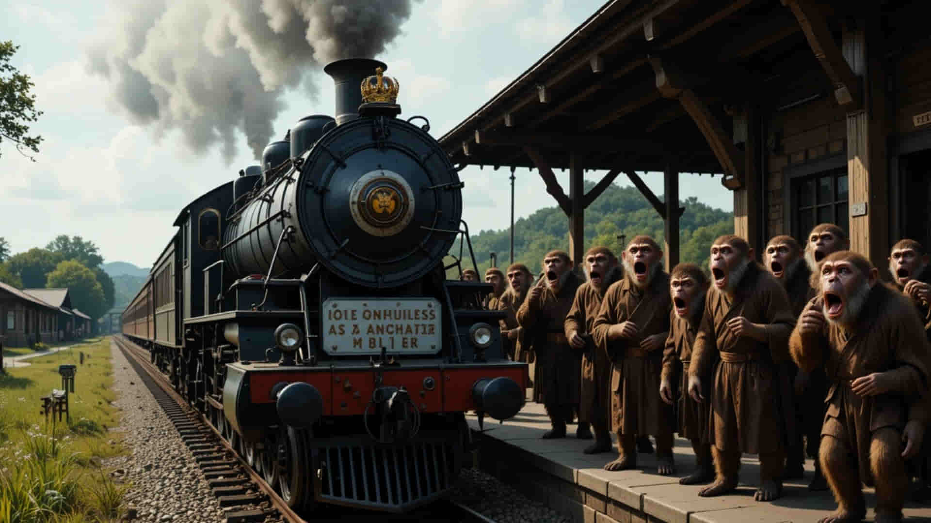 Imagen de IA de una locomotora de vapor y pasajeros monos