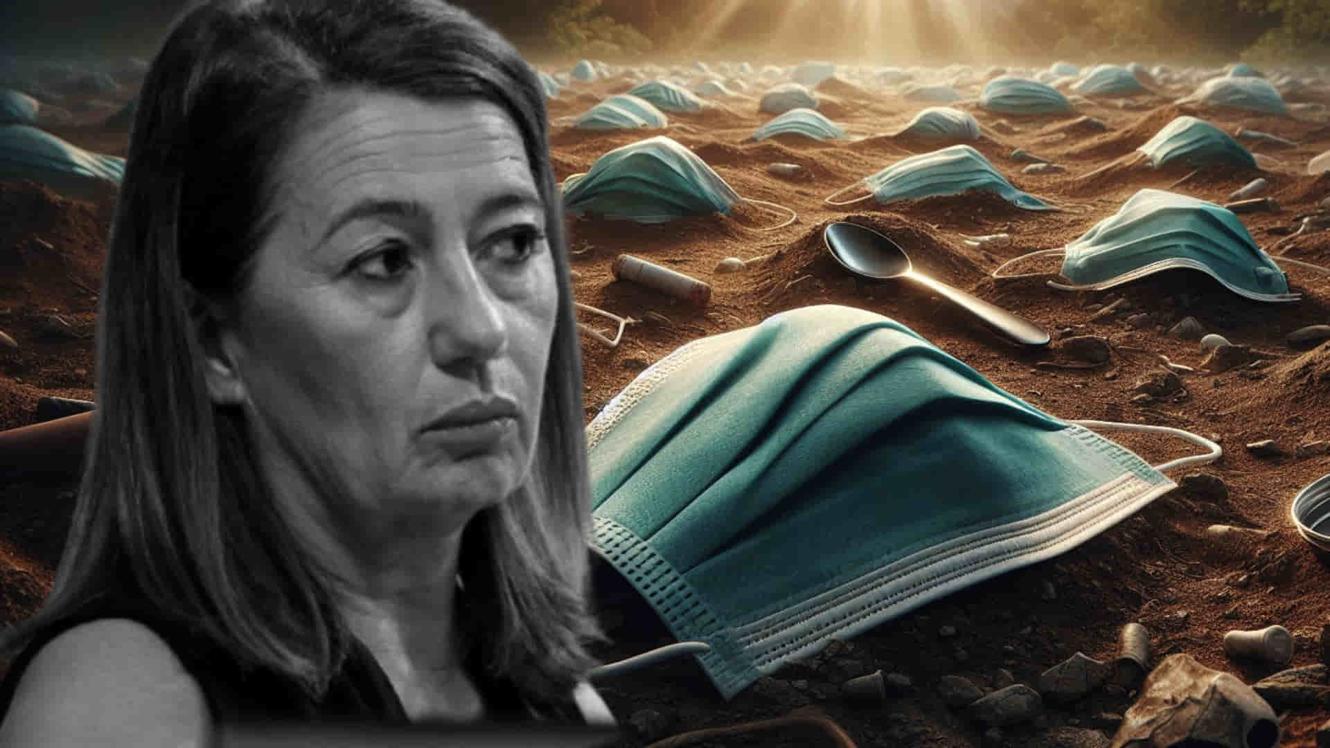 Montaje con foto de Armengol e imagen de IA de mascarillas en un vertedero