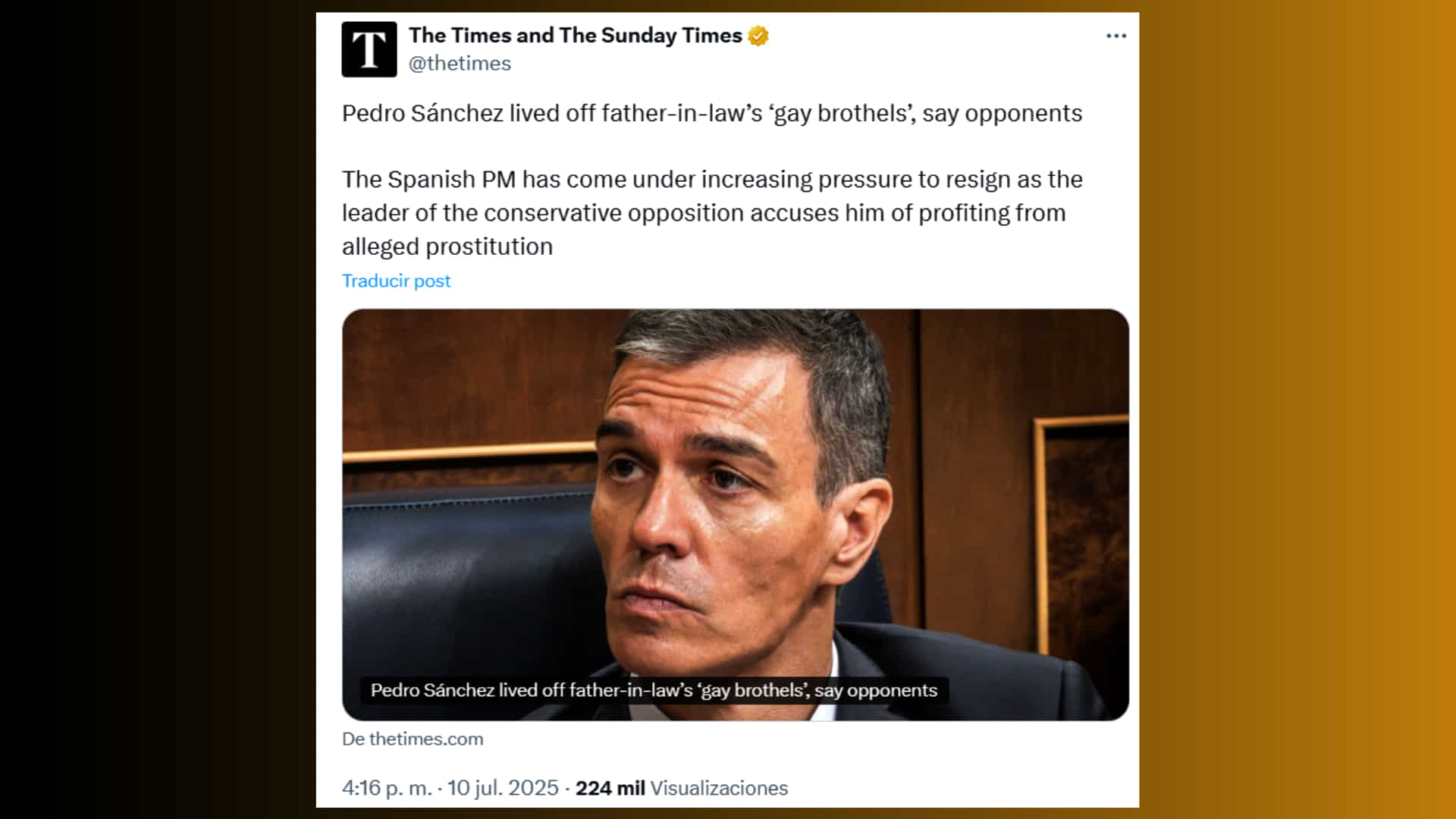 Aumenta la proyección internacional de Sánchez: ‘The Times’ recoge que ‘vivía de los ‘burdeles gays’ del suegro