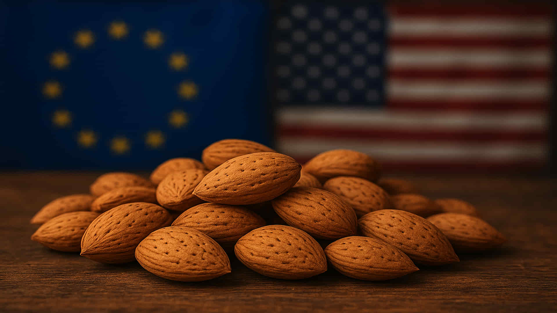 Imagen de IA de almendras y banderas de la UE y EEUU