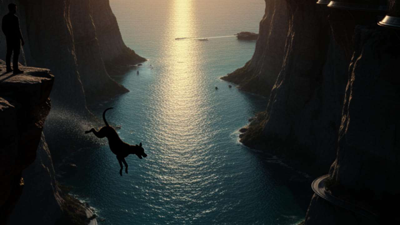 Imagen de IA de un hombre y un perro cayendo por un barranco