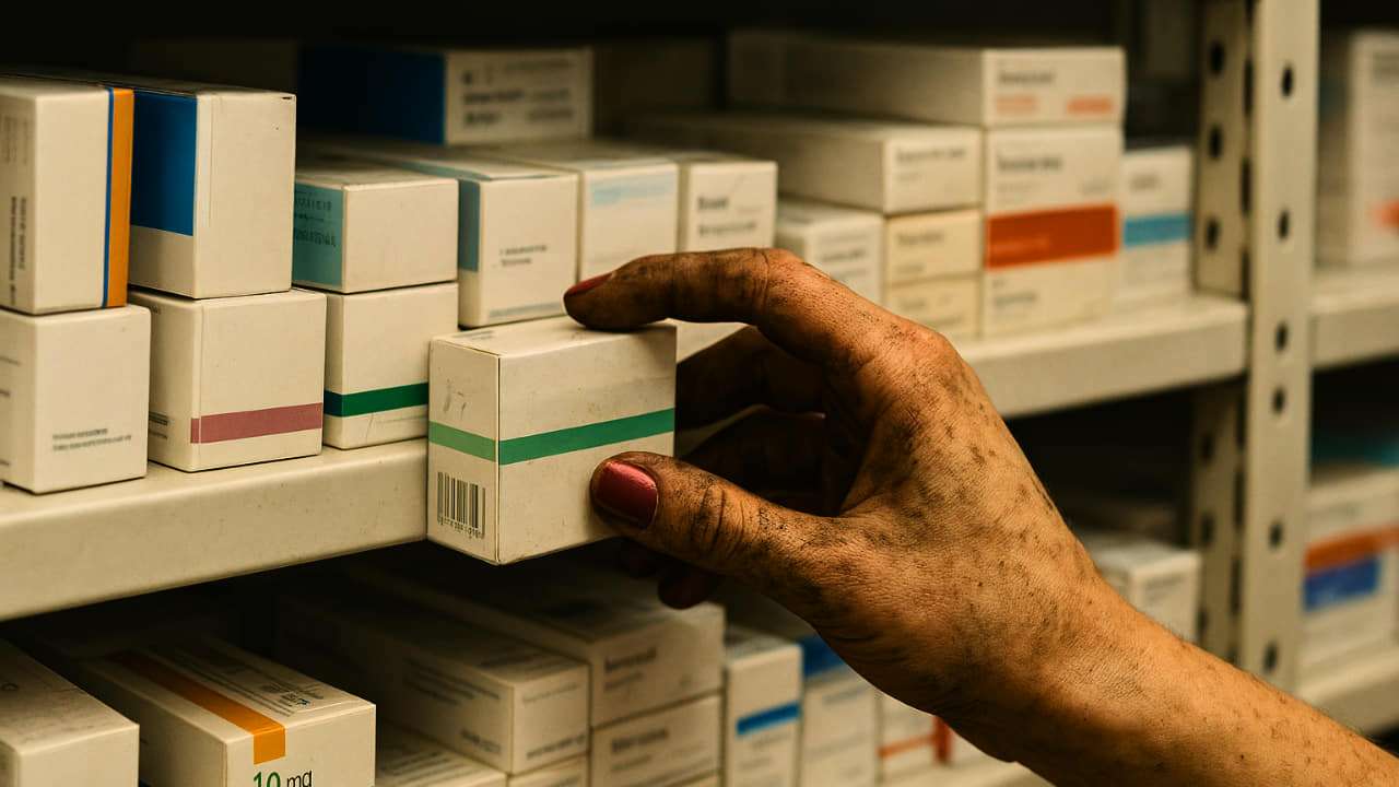 Imagen de IA de una estantería con medicamentos