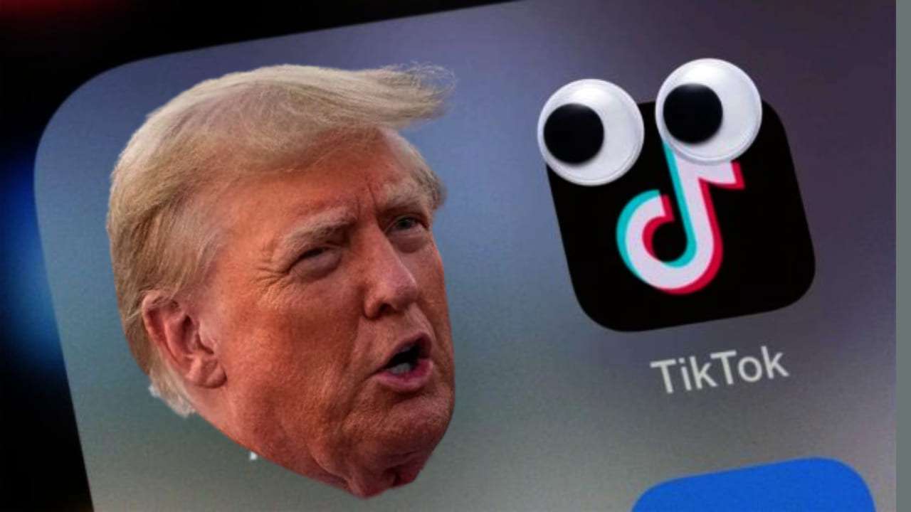 Montaje con foto de Trump y pantalla de móvil