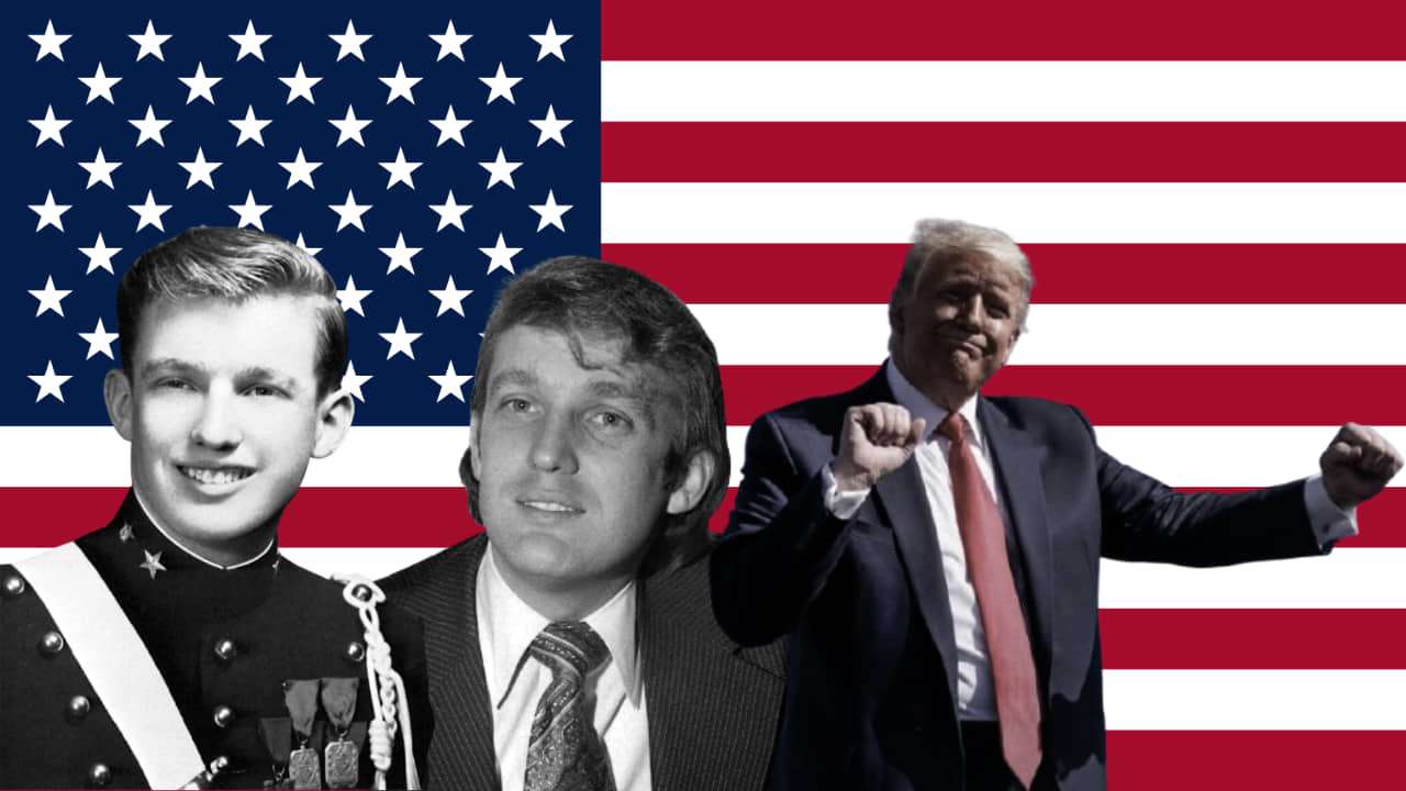 Montaje de bandera de EEUU y Trump