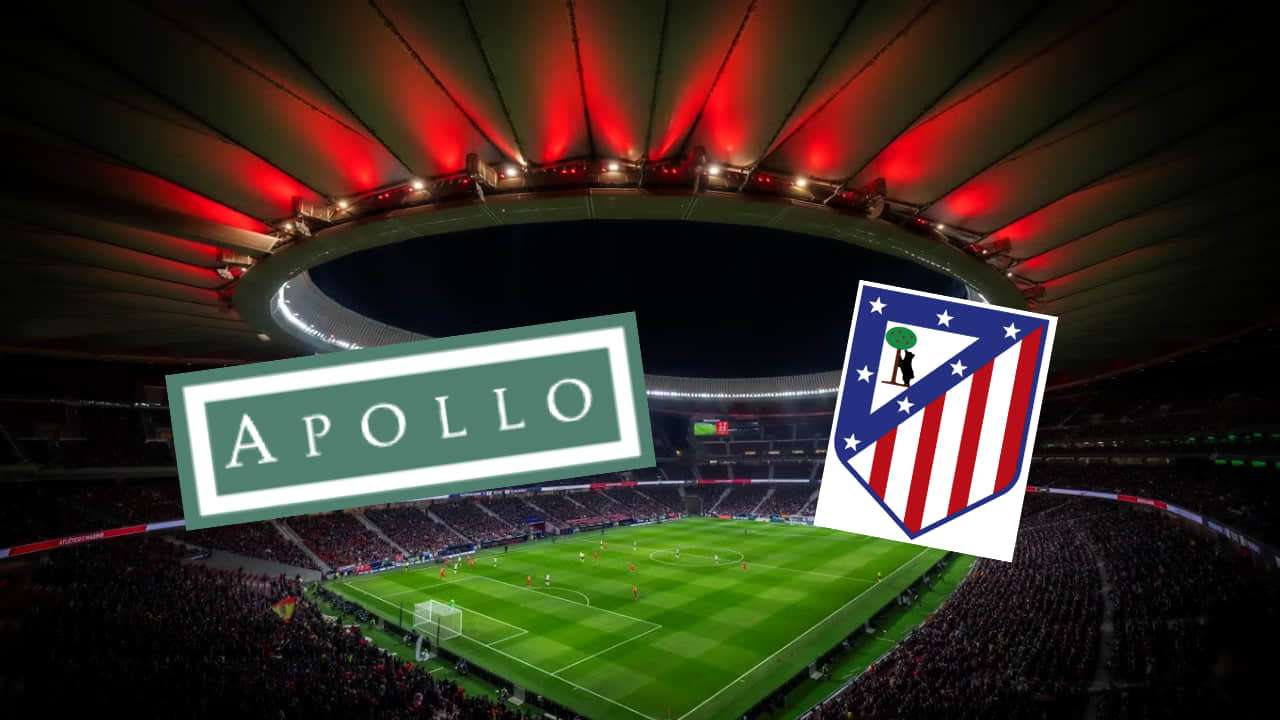 montaje con foto del estadio Metropolitano y logos de Apollo y Atlético de Madrid