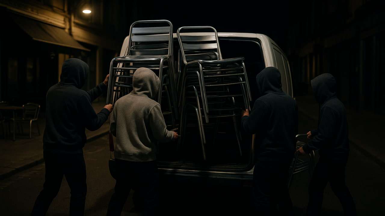 Imagen de IA de encapuchados cargando sillas