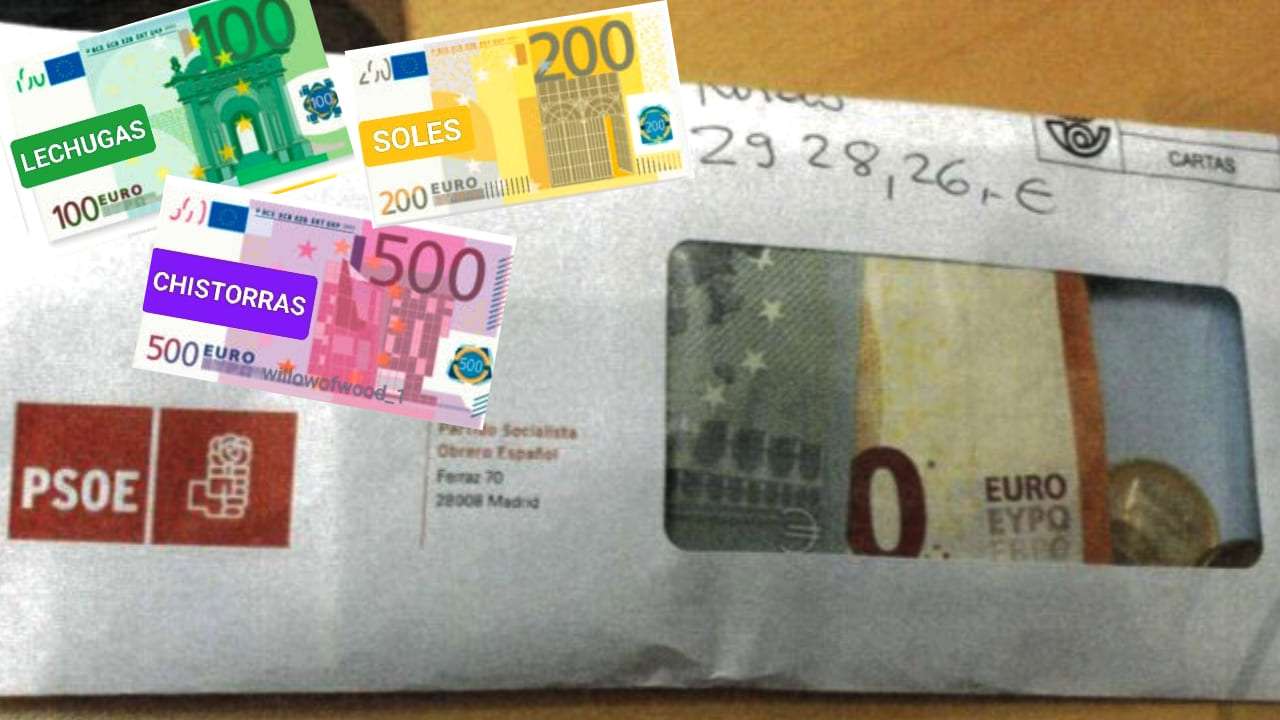 Montaje con billetes y sobre con pagos del caso PSOE