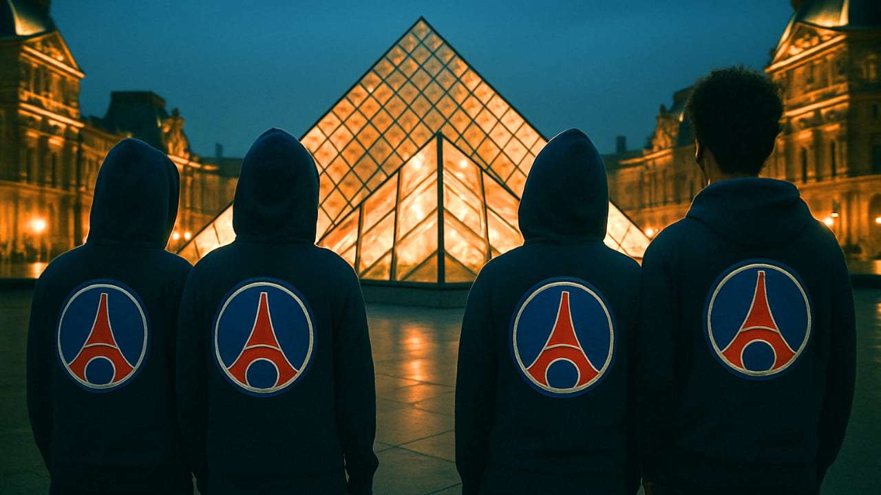 Imagen de IA de cuatro jóvenes frente al museo del Louvre