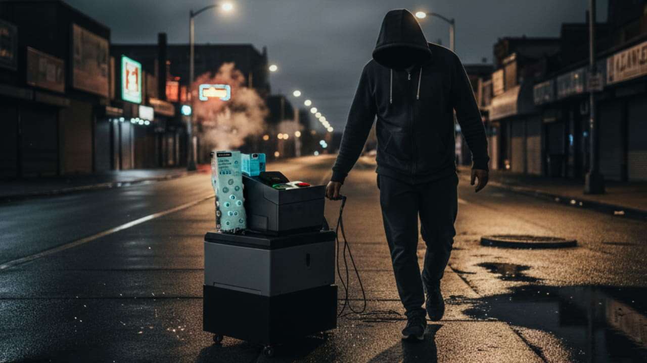 Imagen de IA de un encapuchado llevándose una caja de cobro automático