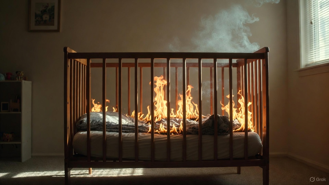 Imagen de IA de una cuna en llamas