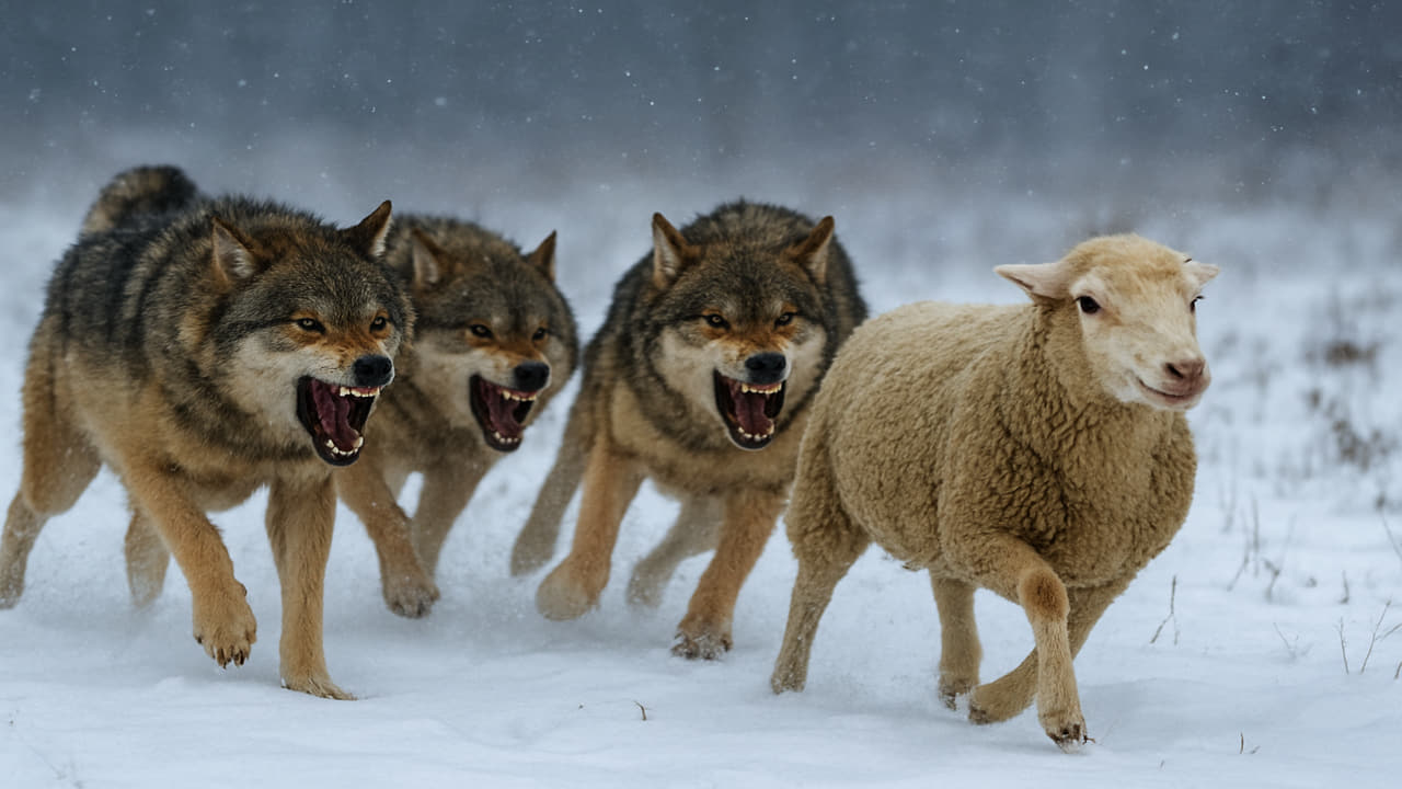 Imagen de IA de una manada de Lobos persiguiendo una oveja
