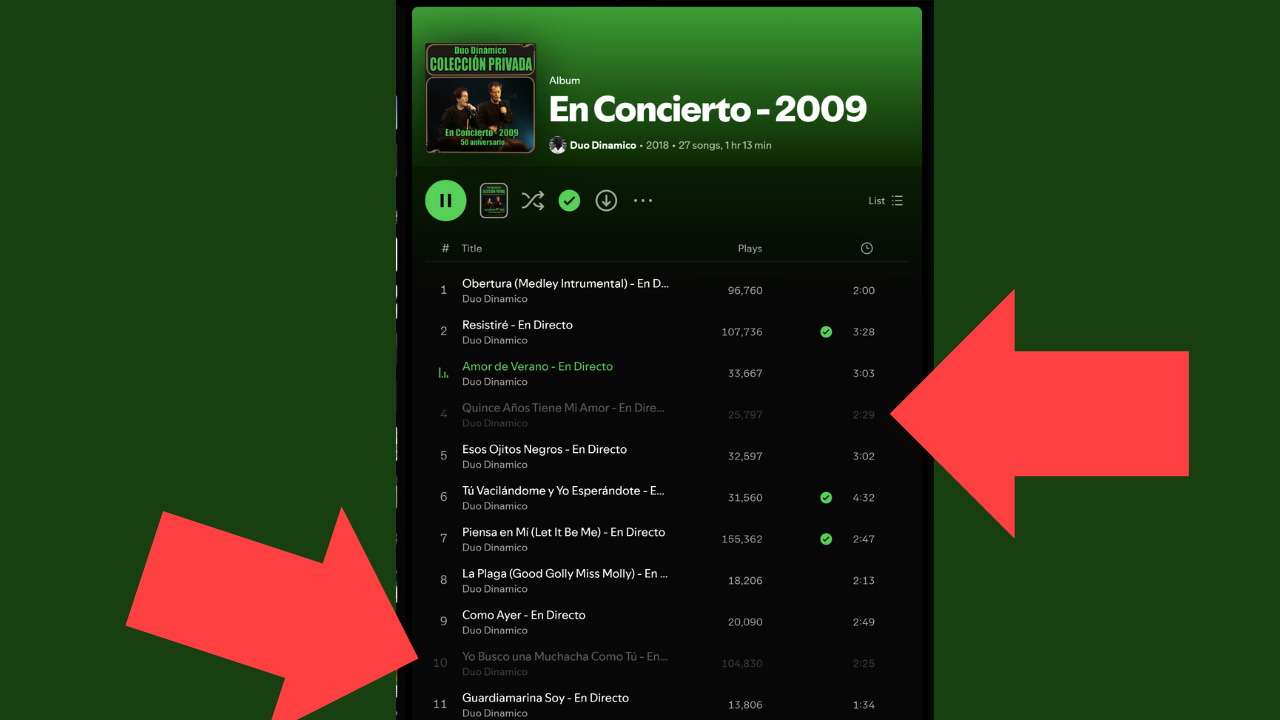 Pantallazo con canciones censuradas del Dúo Dinámico
