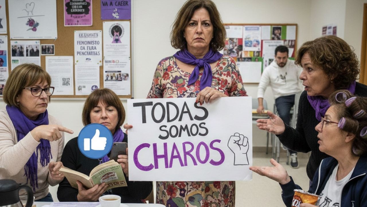 Feministas charos de pancarta/Imagen creada por IA
