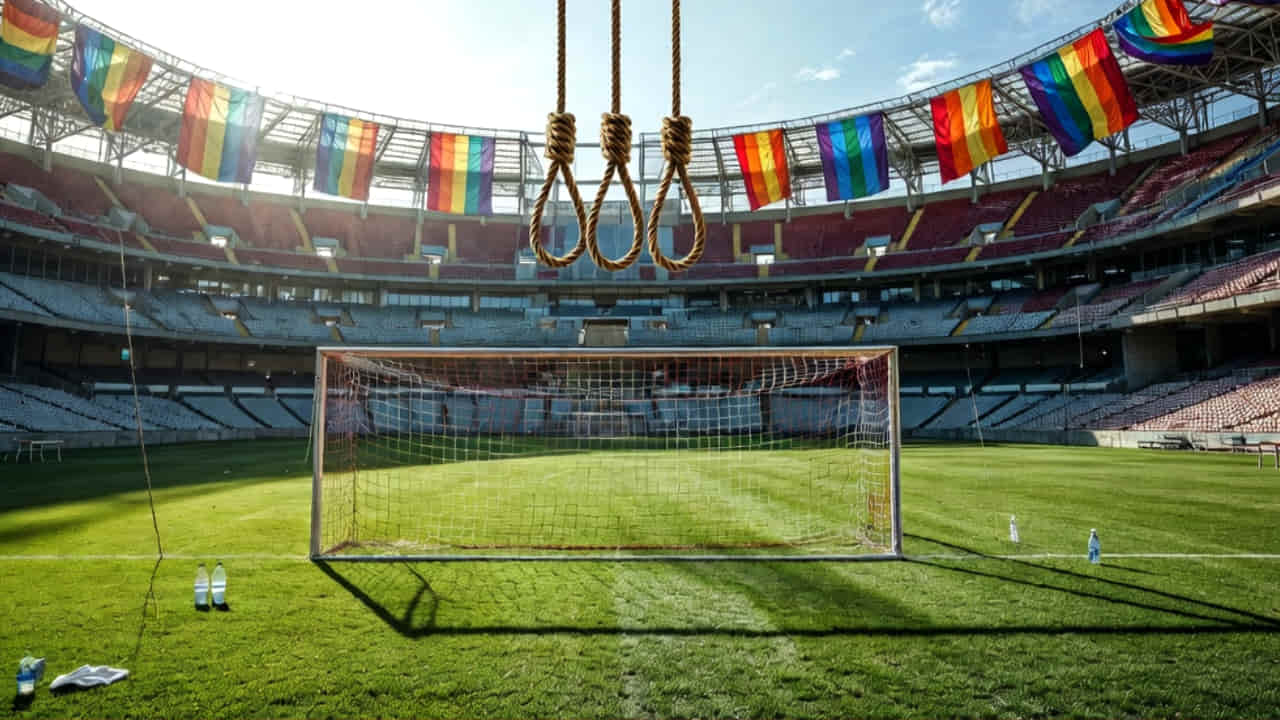 Imagen de IA de estadio con banderas y horcas