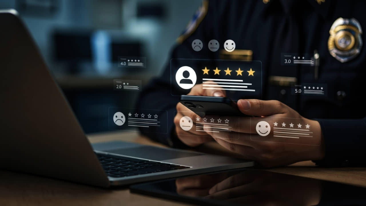 Imagen de IA de un policía consultando reseñas de internet
