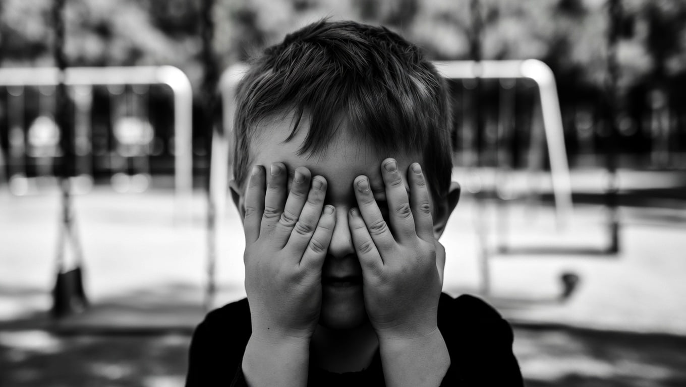 Imagen genérica de IA de un niño tapándose la cara en un parque