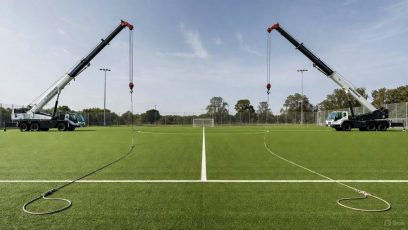 Imagen de IA de un campo de fútbol y camiones con grúa