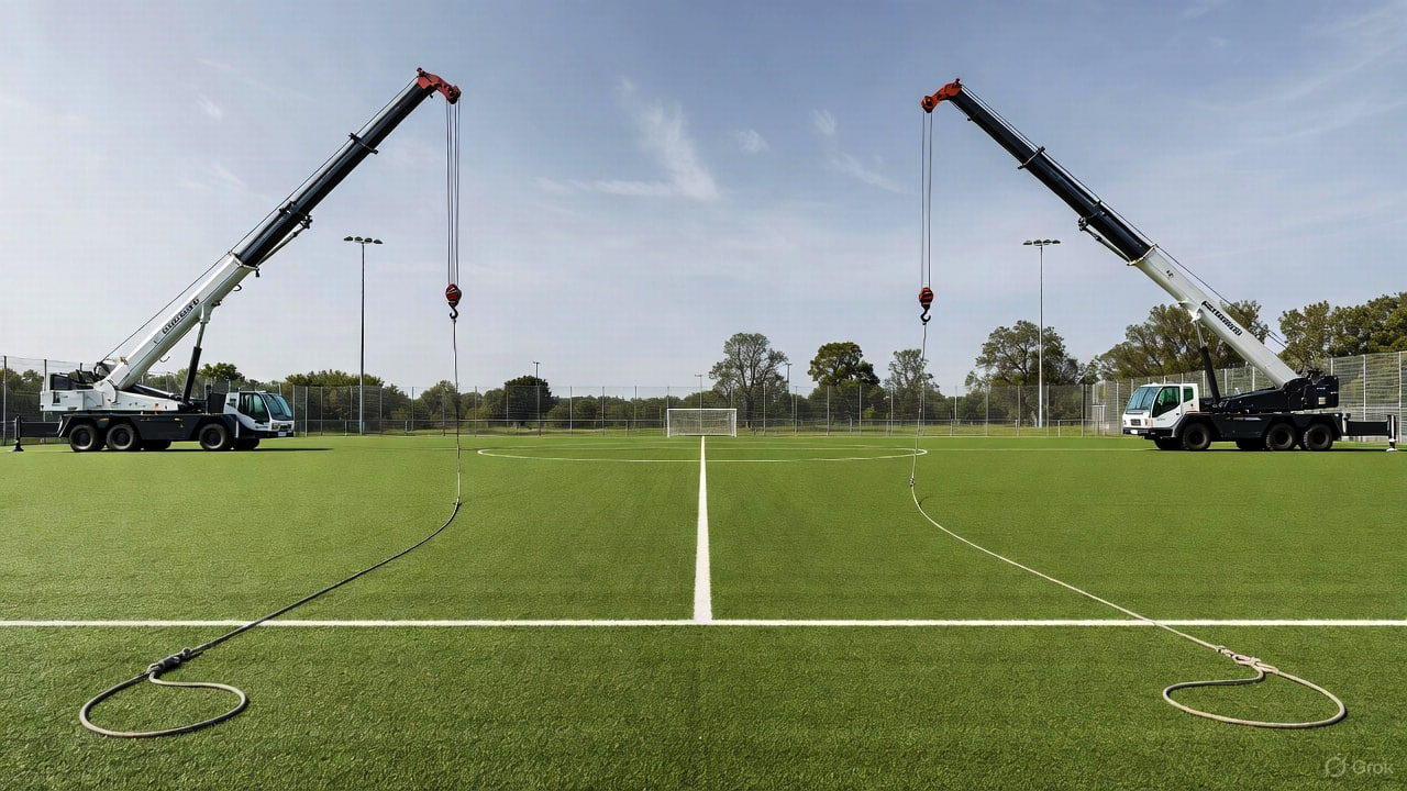 Imagen de IA de un campo de fútbol y camiones con grúa