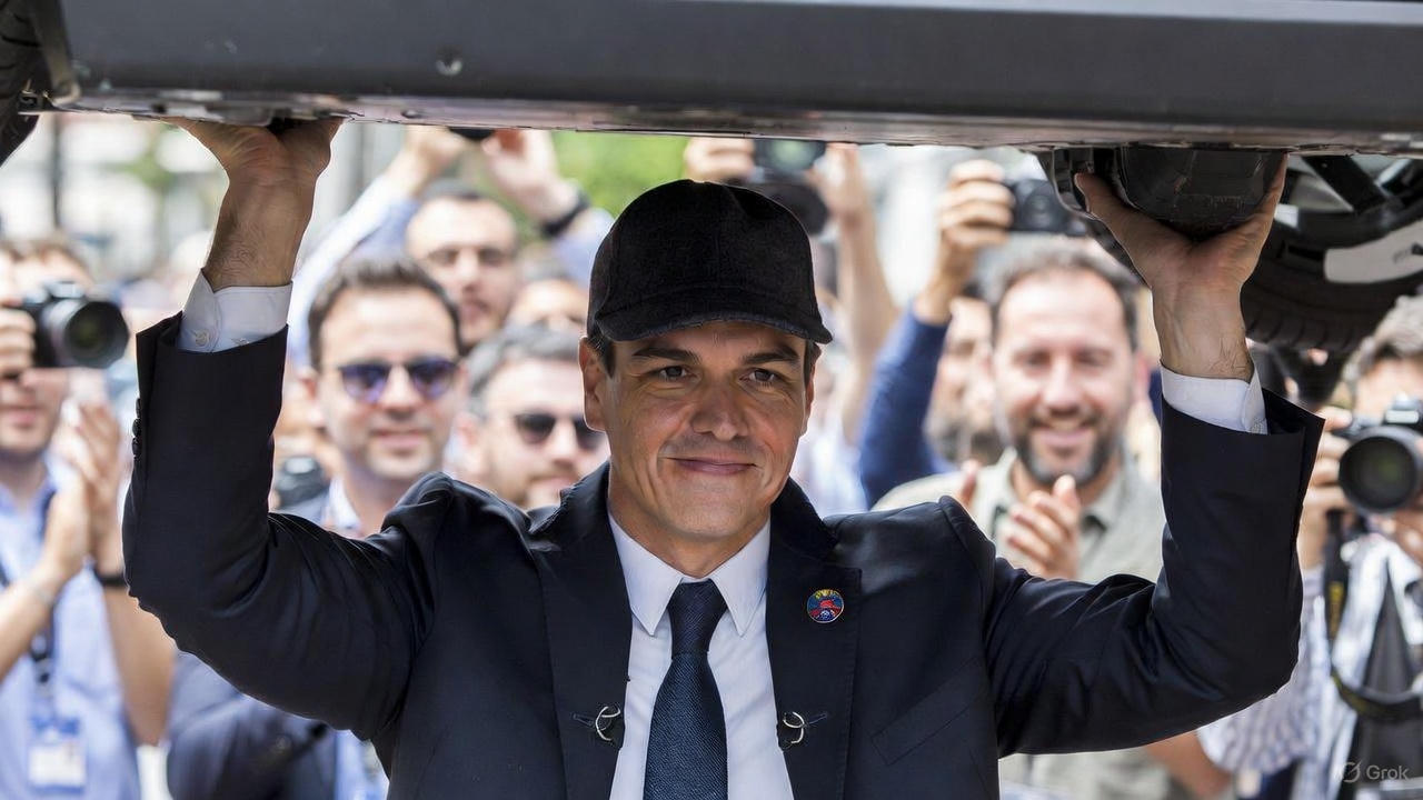 Pedro Sánchez con sonrisa ecoinclusiva y ecosostenible, bajo un coche eléctrico/imagen generada por IA