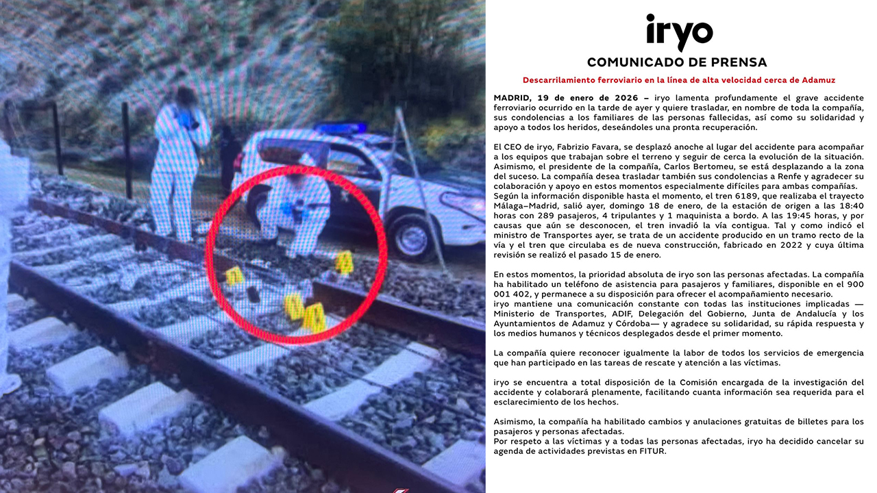 Iryo rompe el silencio tras el accidente ferroviario y detalla qué ocurrió en el tren Málaga–Madrid