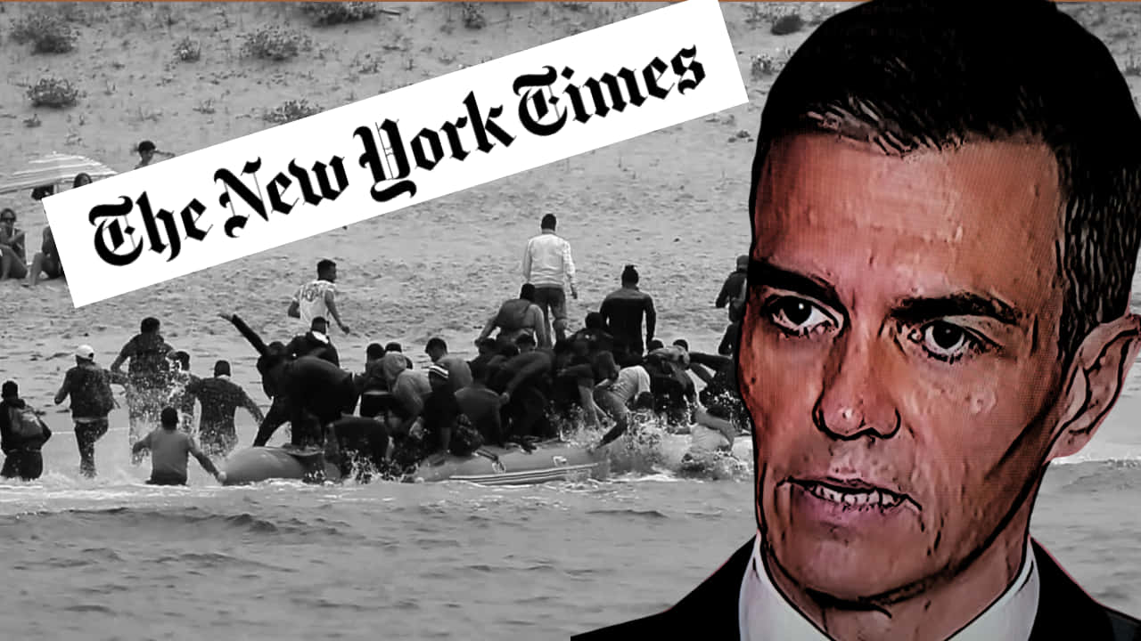 Montaje con foto de desembarco de patera, logo del NYT y cara de Sánchez