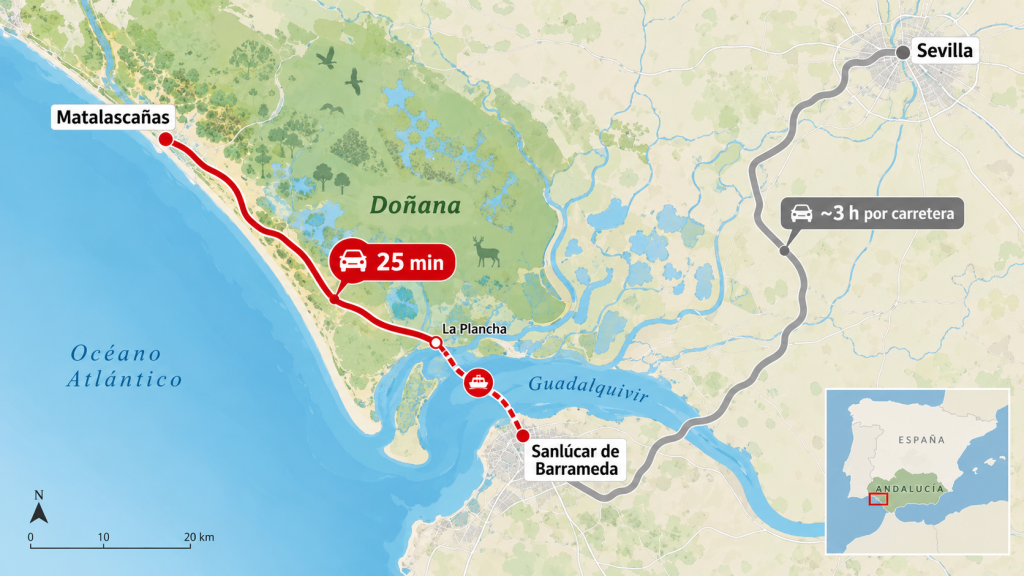 De Matalascañas a Sanlúcar en 25 minutos la ruta que esquiva Sevilla y sus tres horas de carretera por Doñana