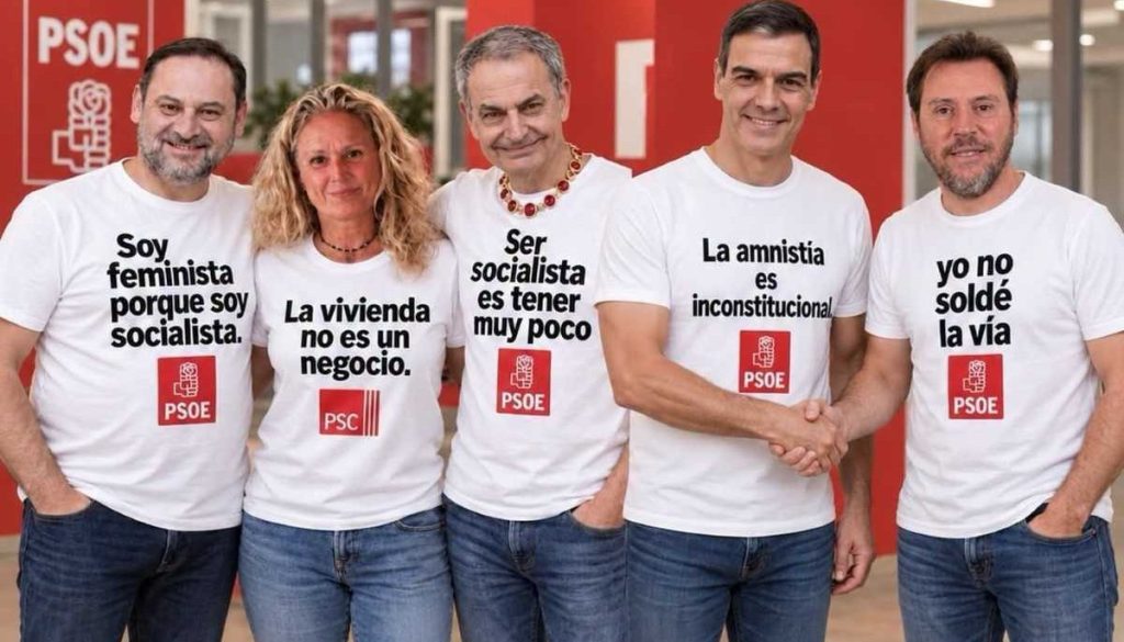 El fotomontaje viral que desnuda las contradicciones de Ferraz: camisetas de «sinceridad» para el PSOE de Sánchez